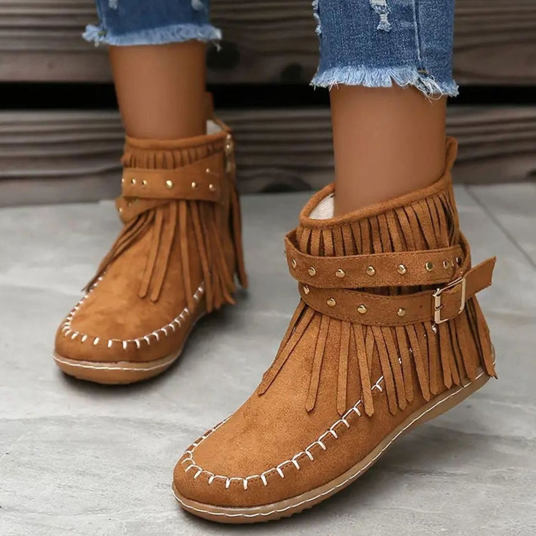 Women's Tassel Fringe Flat Ankle Boots Suede-Look Side Zip - Brown