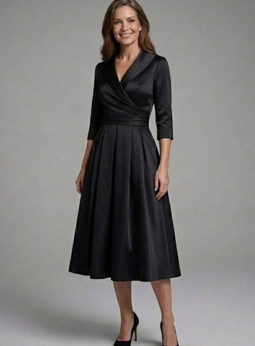 Women's Three-Quarter Sleeve Wrap Bodice Flared Midi Dress