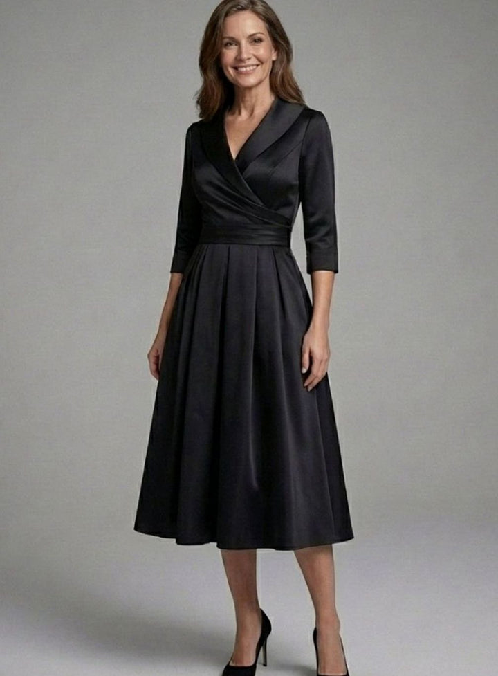 Women's Three-Quarter Sleeve Wrap Bodice Flared Midi Dress