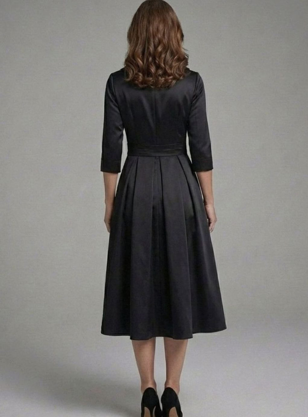 Women's Three-Quarter Sleeve Wrap Bodice Flared Midi Dress