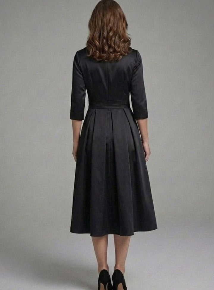 Women's Three-Quarter Sleeve Wrap Bodice Flared Midi Dress, Black