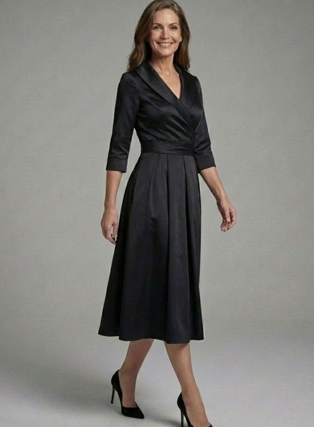 Women's Three-Quarter Sleeve Wrap Bodice Flared Midi Dress, Black