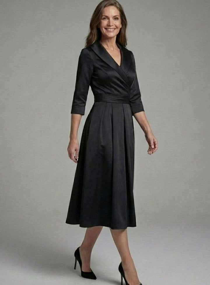 Women's Three-Quarter Sleeve Wrap Bodice Flared Midi Dress, Black