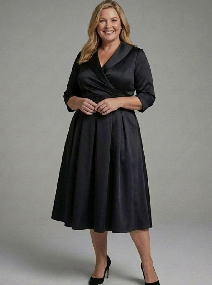 Women's Three-Quarter Sleeve Wrap Bodice Flared Midi Dress, Black