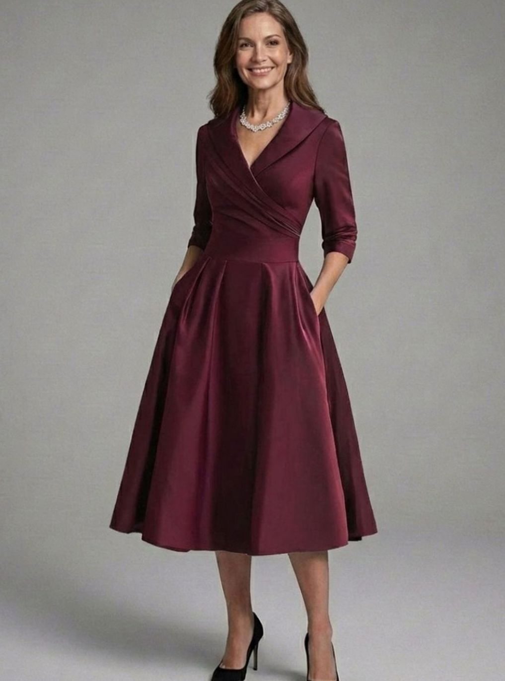 Women's Three-Quarter Sleeve Wrap Bodice Flared Midi Dress, Black