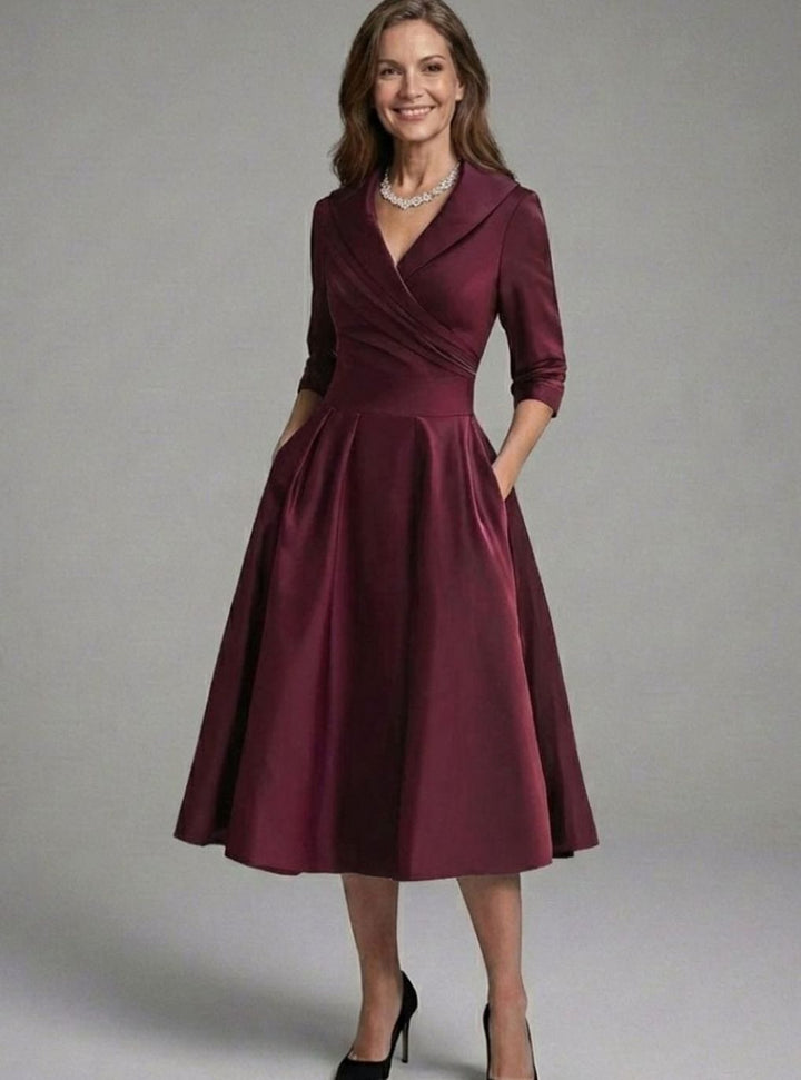 Women's Three-Quarter Sleeve Wrap Bodice Flared Midi Dress, Black