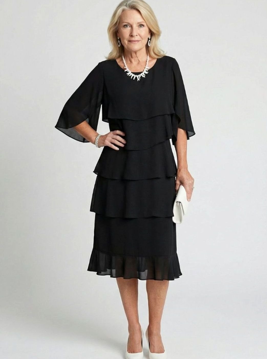 Women's Tiered Chiffon Flutter-Sleeve Midi Occasion Dress