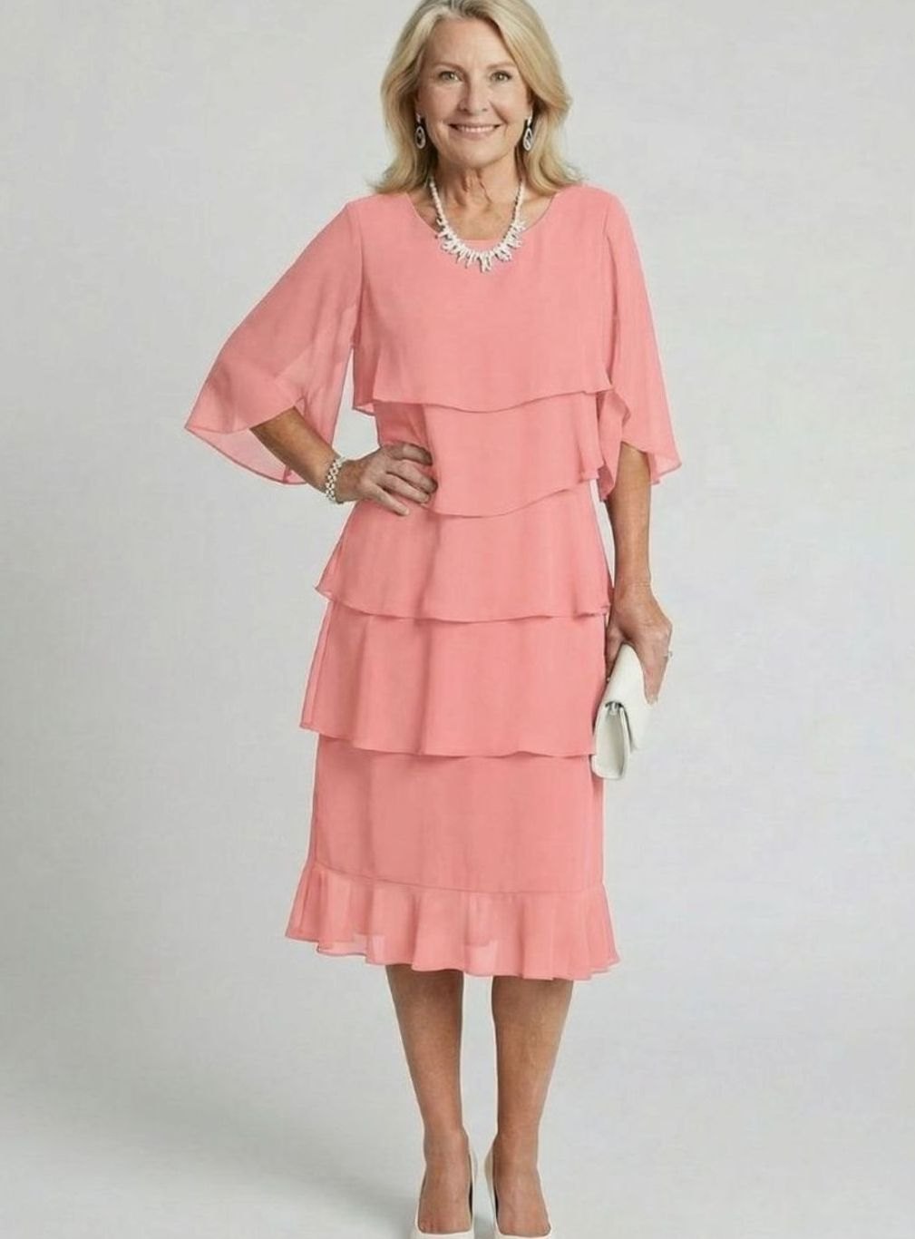 Women's Tiered Chiffon Flutter-Sleeve Midi Occasion Dress