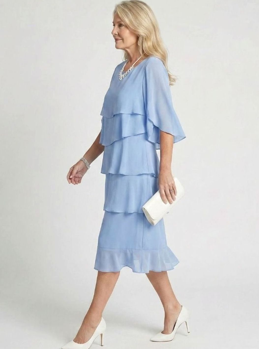 Women's Tiered Chiffon Flutter-Sleeve Midi Occasion Dress