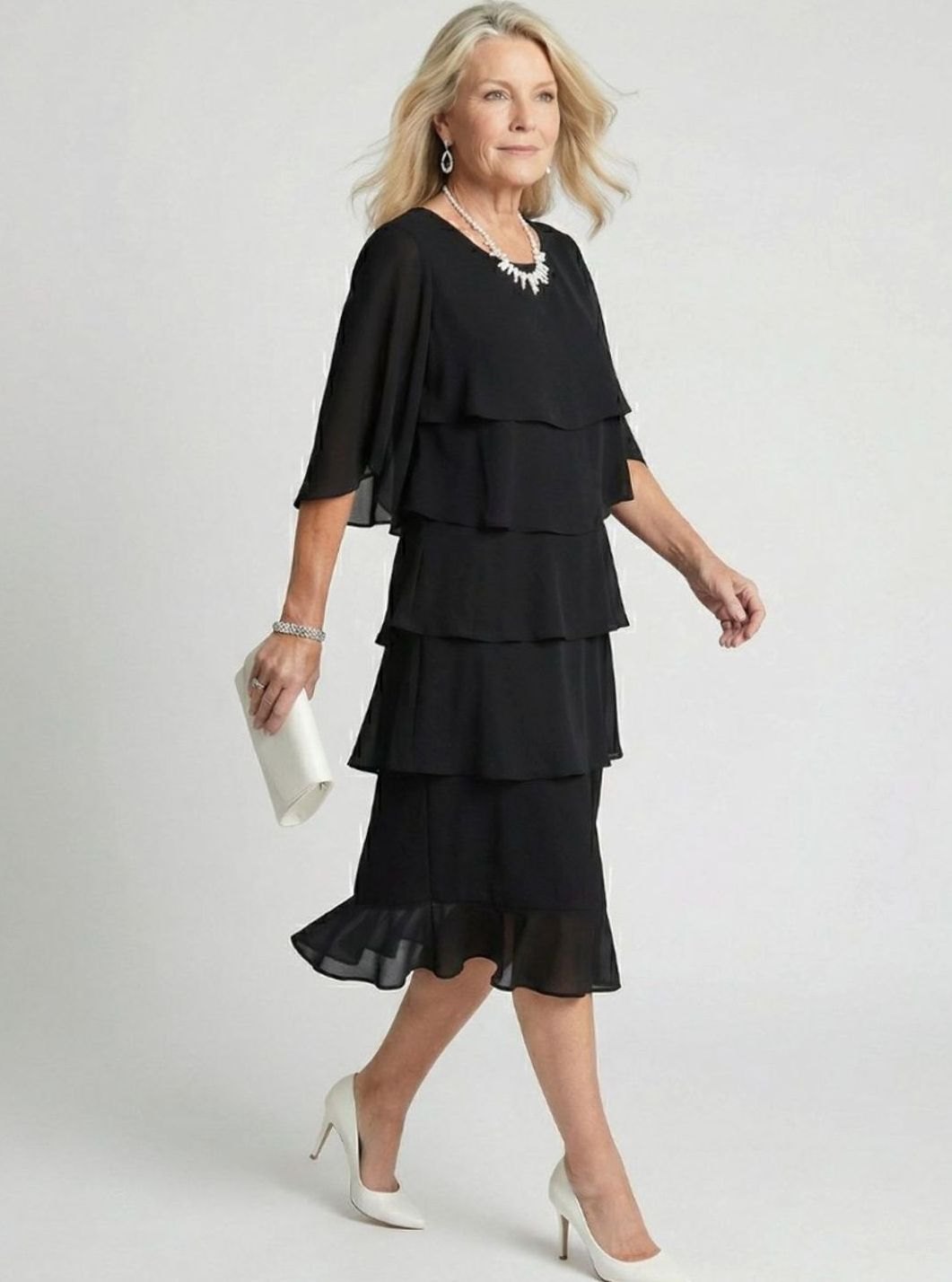 Women's Tiered Chiffon Flutter-Sleeve Midi Party Dress