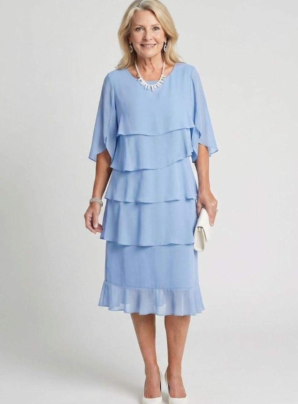 Women's Tiered Chiffon Flutter-Sleeve Midi Party Dress