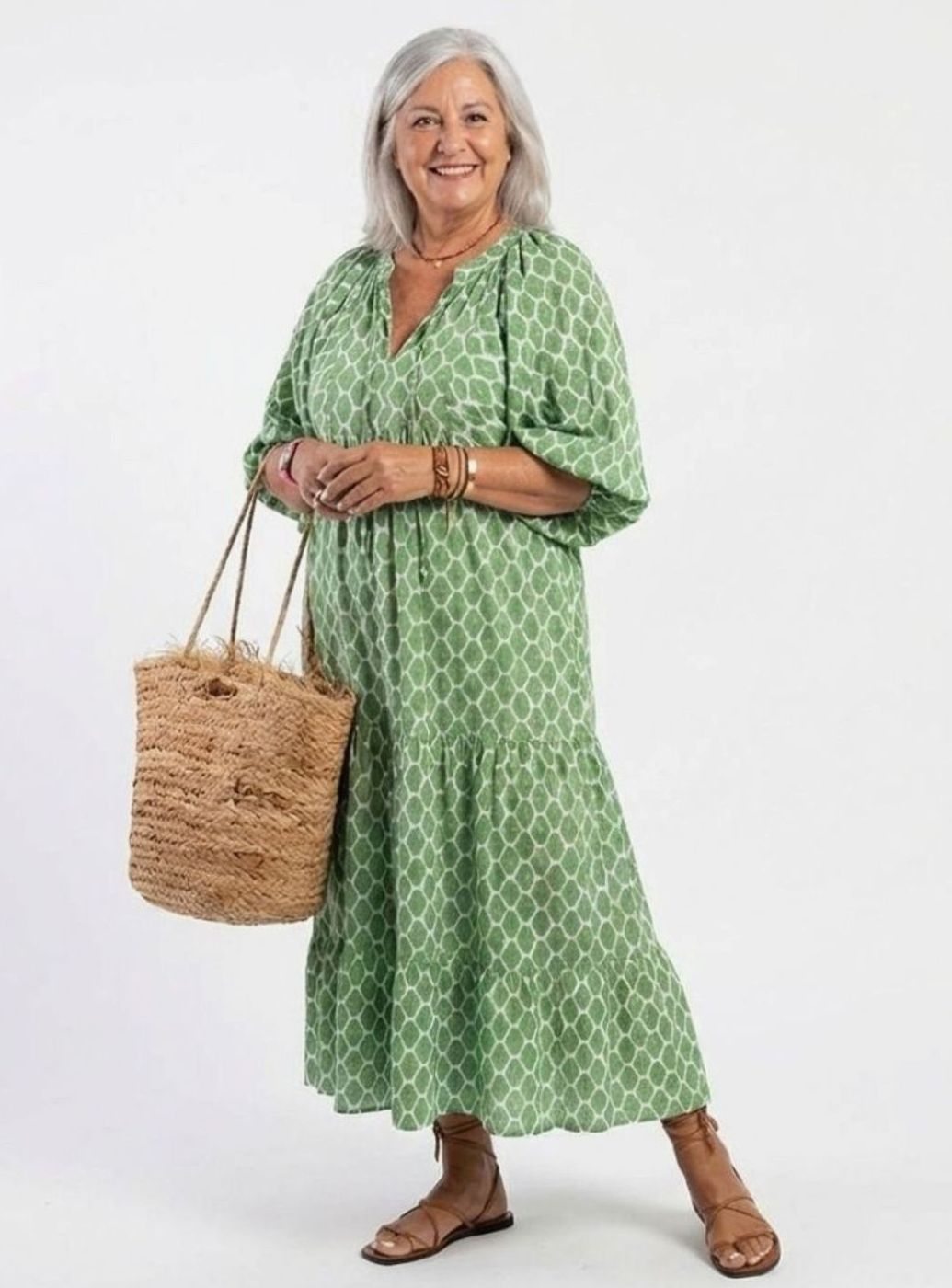 Women's Tiered Midi Boho Dress V-Neck Three-Quarter Sleeve