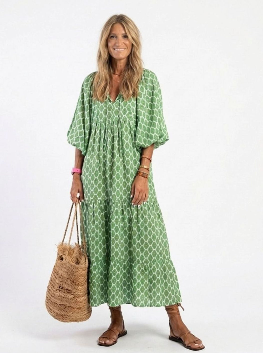 Women's Tiered Midi Boho Dress V-Neck Three-Quarter Sleeve