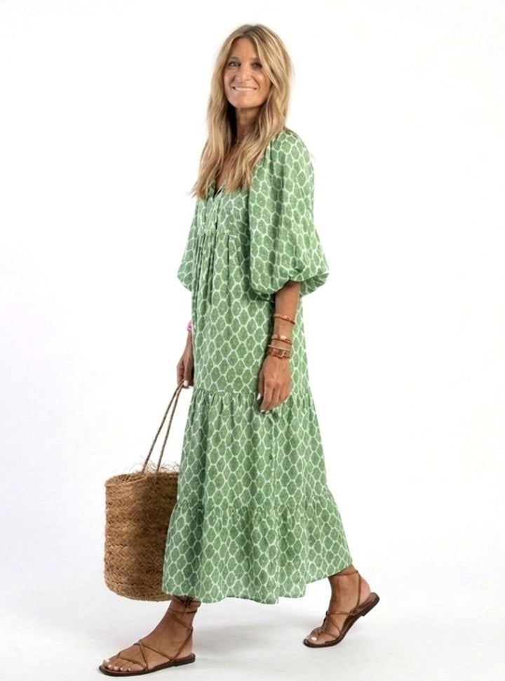 Women's Tiered Midi Boho Dress V-Neck Three-Quarter Sleeve