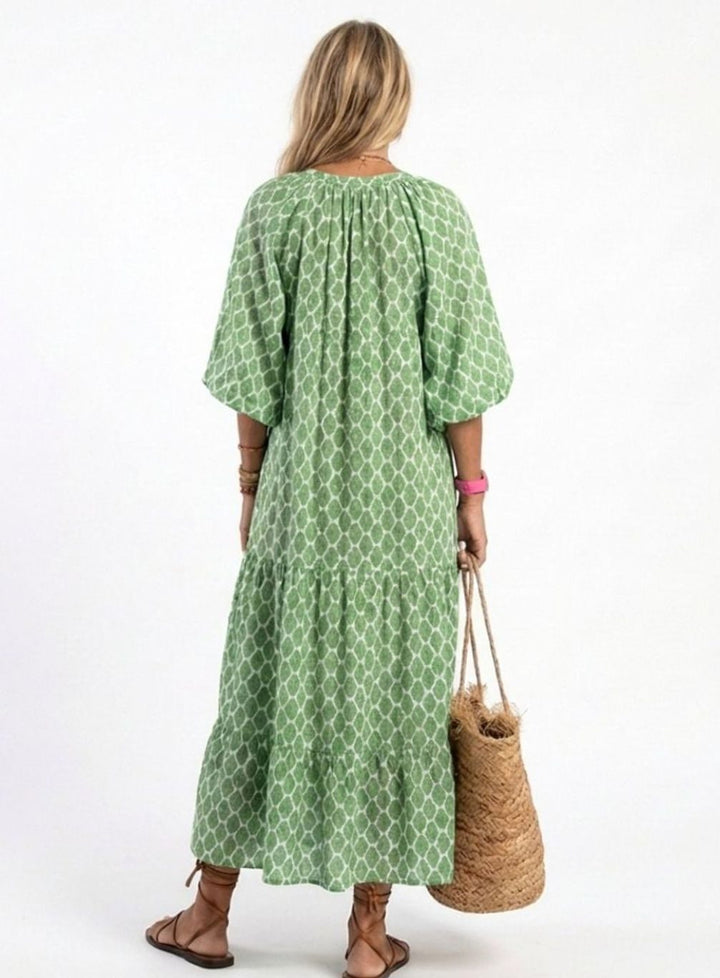 Women's Tiered Midi Boho Dress V-Neck Three-Quarter Sleeve