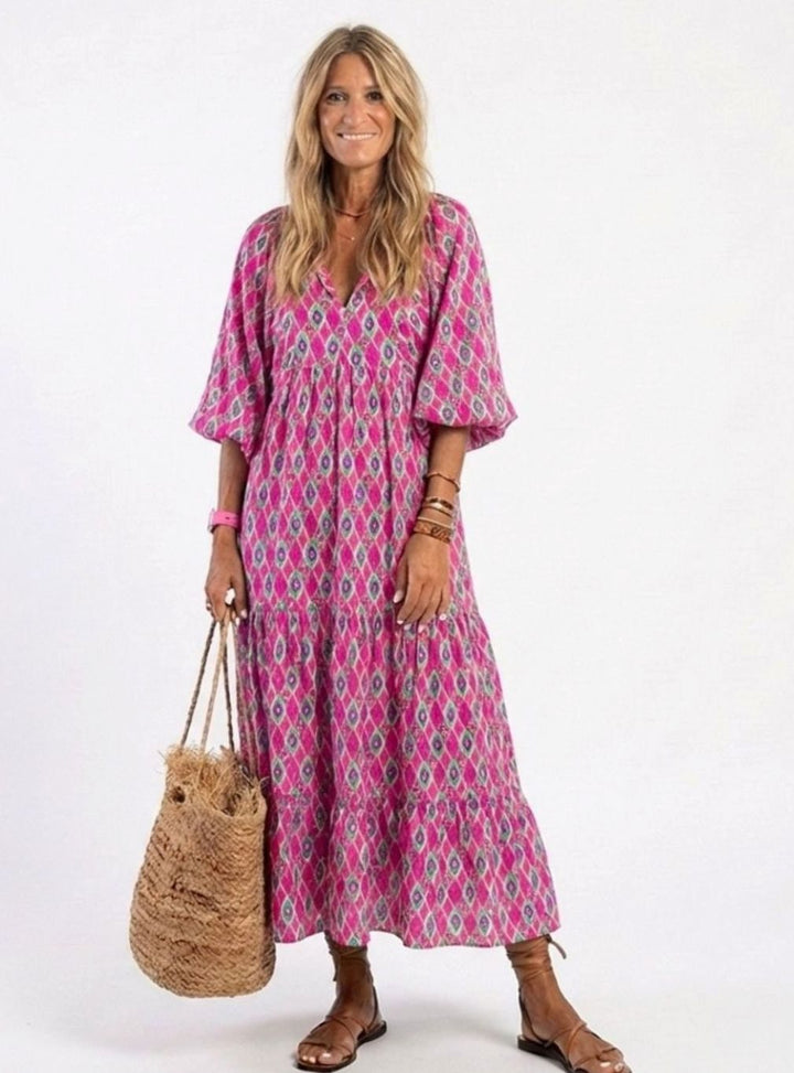 Women's Tiered Midi Boho Dress V-Neck Three-Quarter Sleeve