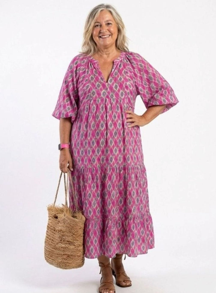 Women's Tiered Midi Boho Dress V-Neck Three-Quarter Sleeve