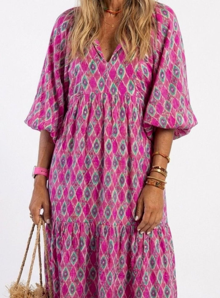 Women's Tiered Midi Boho Dress V-Neck Three-Quarter Sleeve