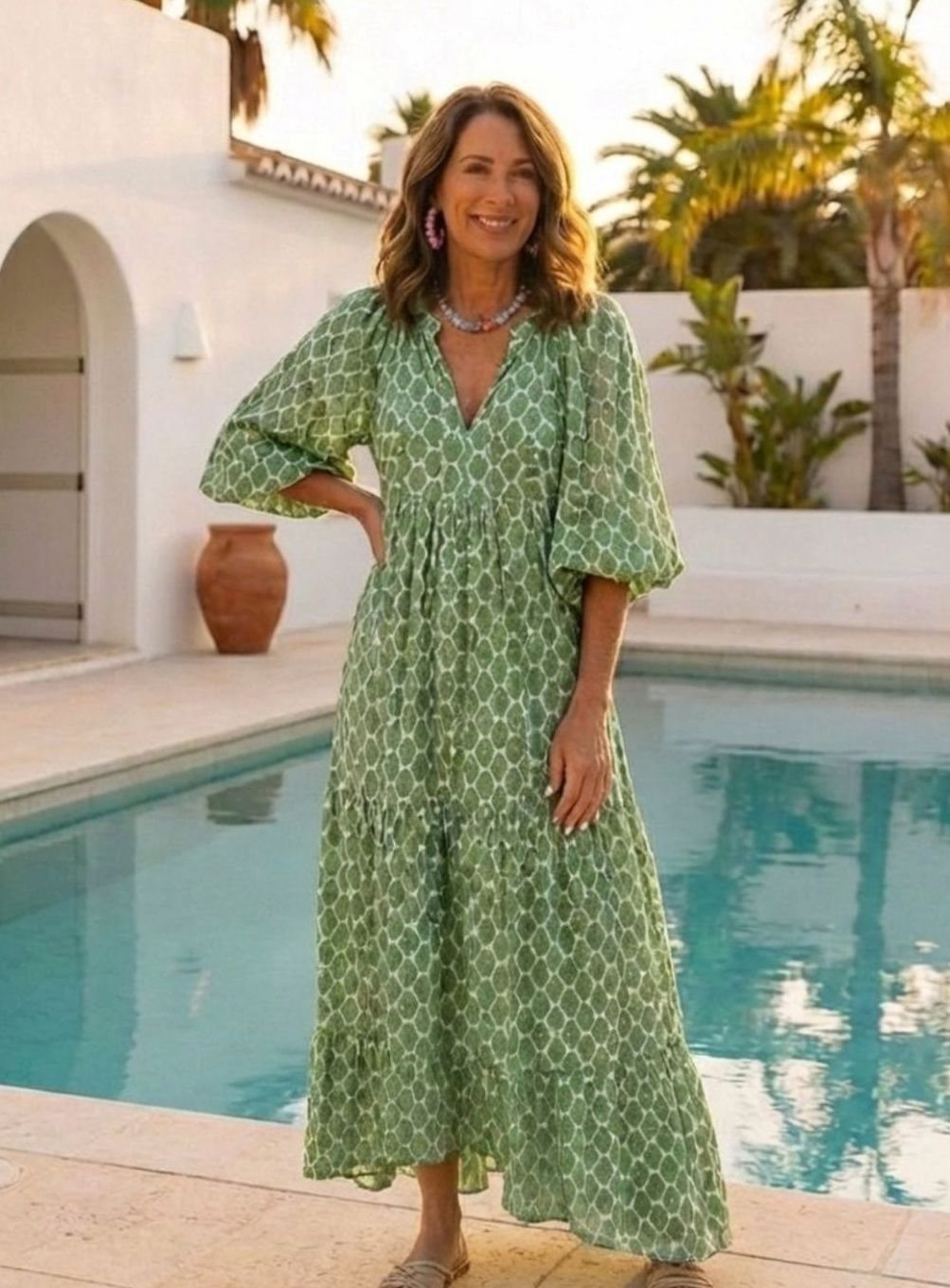 Women's Tiered Midi Boho Dress V-Neck Three-Quarter Sleeve, Green