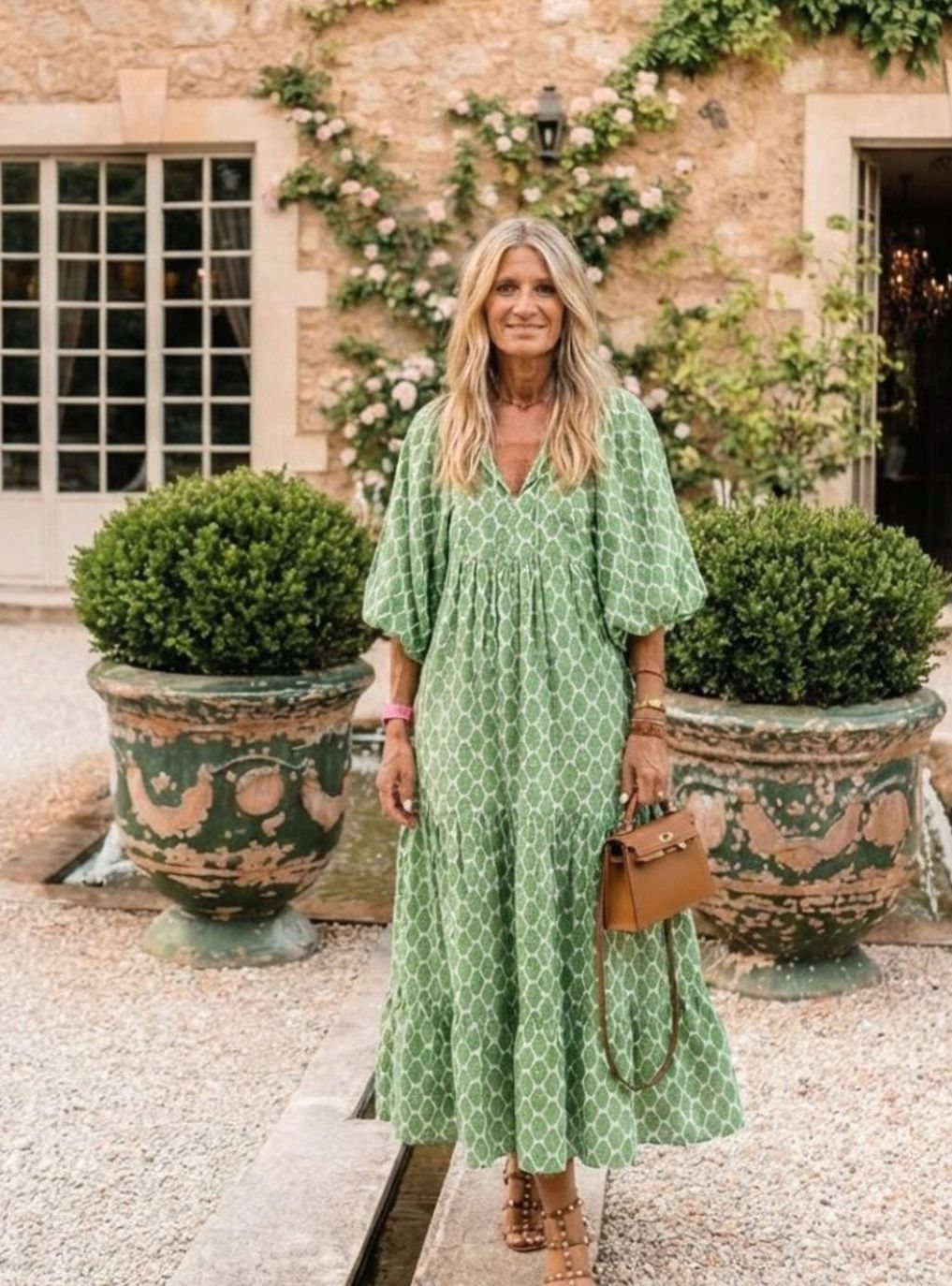 Women's Tiered Midi Boho Dress V-Neck Three-Quarter Sleeve, Green