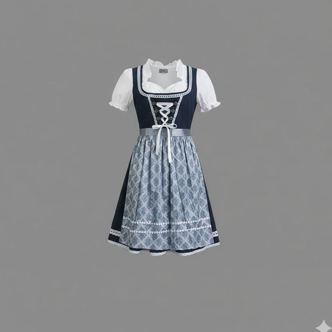 Women's Traditional Dirndl Midi Dress Lace-Up Bodice Apron Set