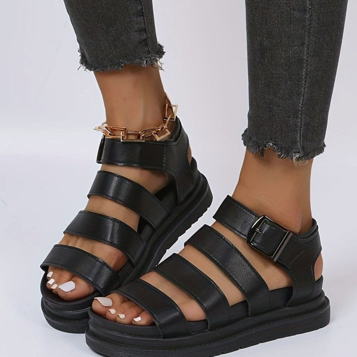 Women's Triple-Strap Buckle Flatform Gladiator Sandals - Black