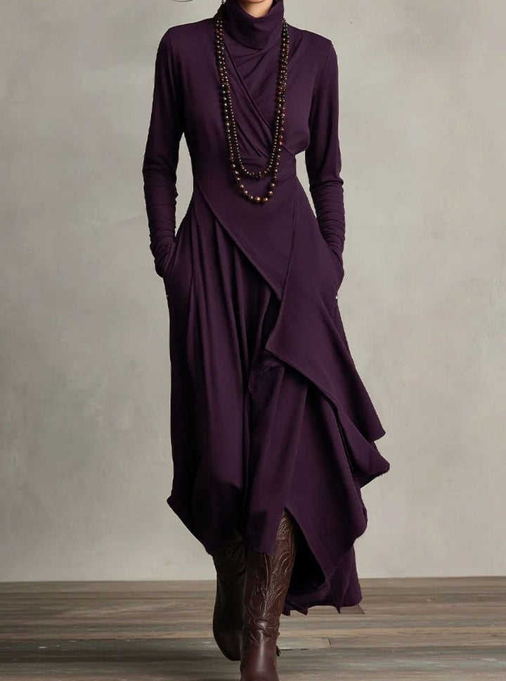Women's Turtleneck Long Sleeve Asymmetric Layered Maxi Dress - Purple