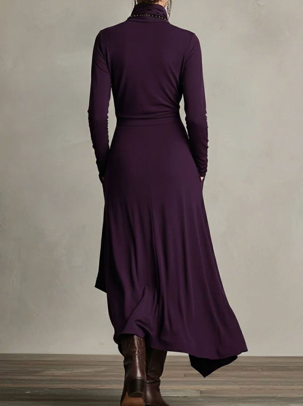 Women's Turtleneck Long Sleeve Asymmetric Layered Maxi Dress