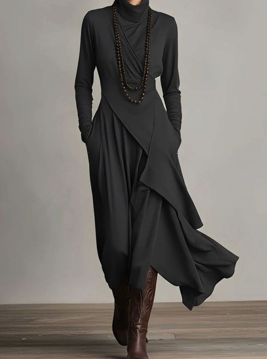 Women's Turtleneck Long Sleeve Asymmetric Layered Maxi Dress - Black