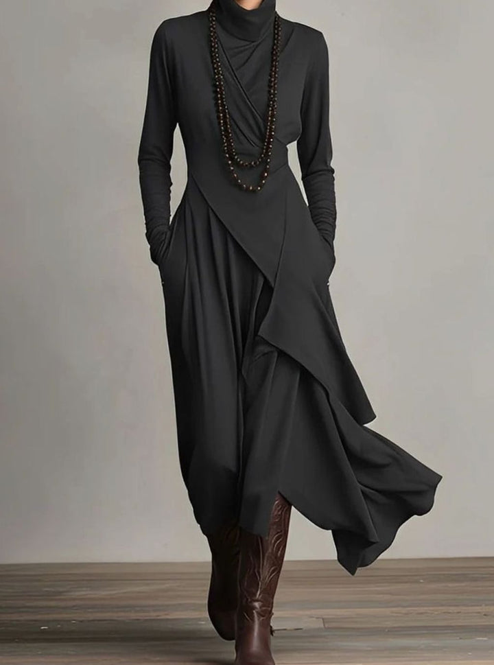 Women's Turtleneck Long Sleeve Asymmetric Layered Maxi Dress - Black