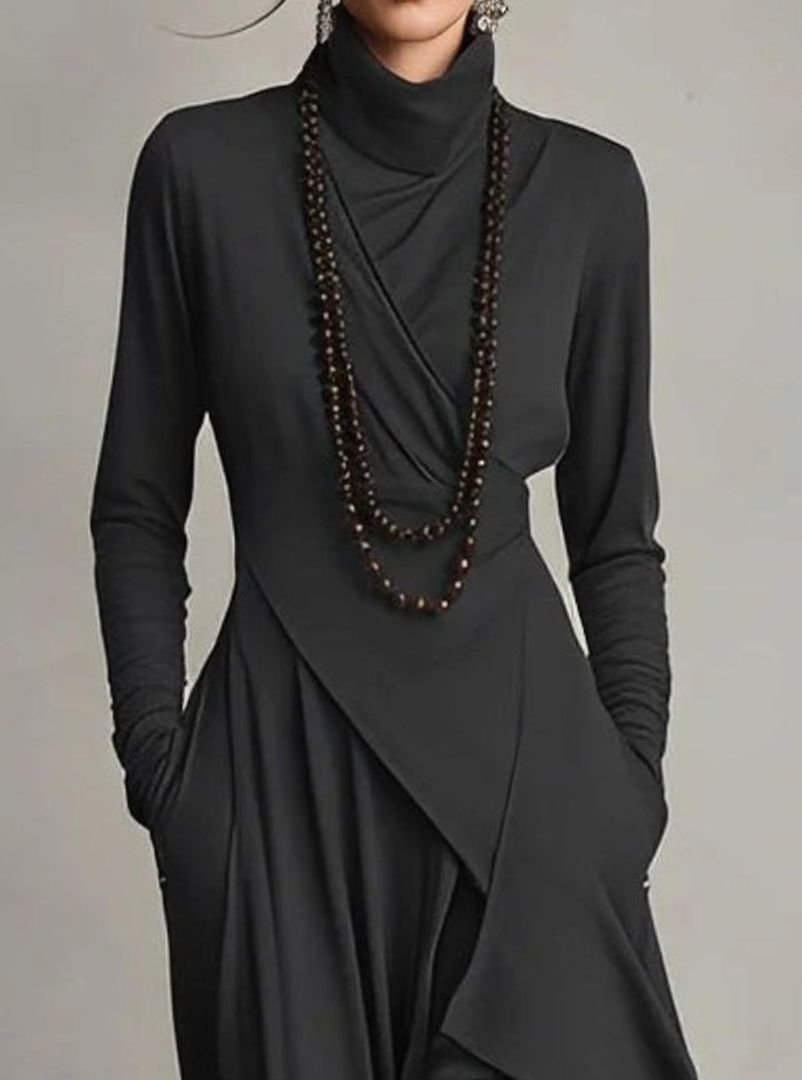 Women's Turtleneck Long Sleeve Asymmetric Layered Maxi Dress