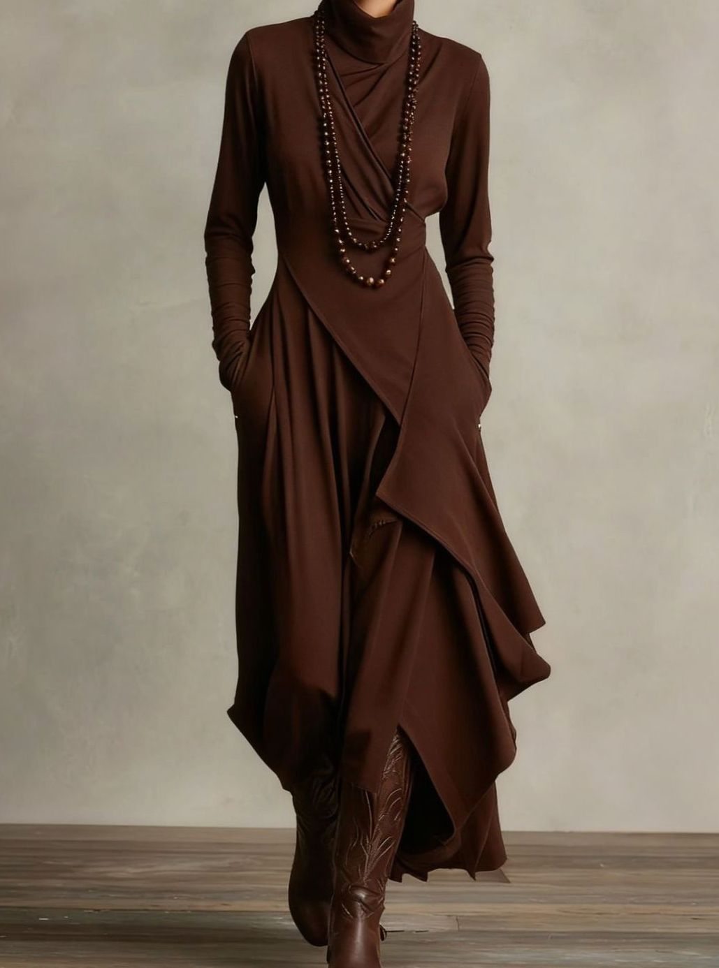 Women's Turtleneck Long Sleeve Asymmetric Layered Maxi Dress - Brown