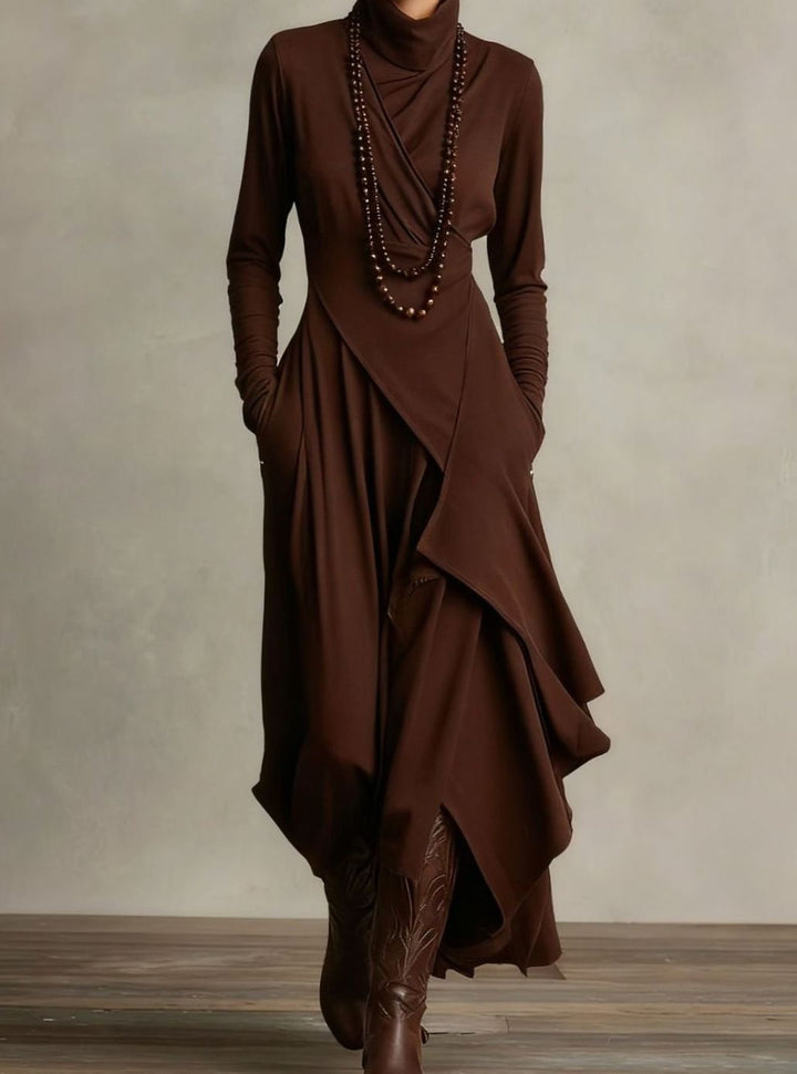 Women's Turtleneck Long Sleeve Asymmetric Layered Maxi Dress - Brown
