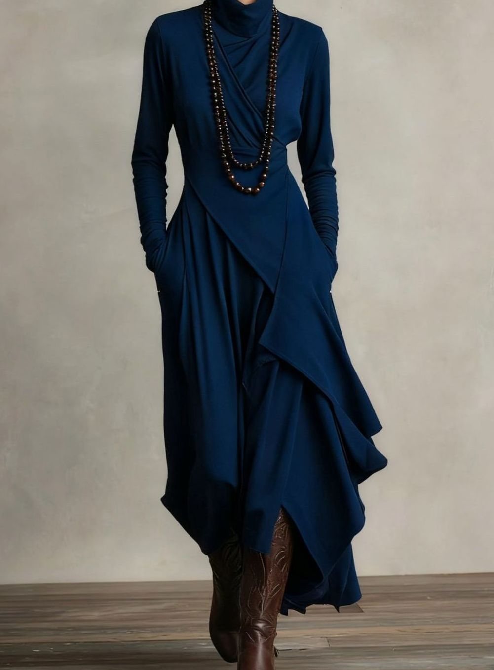 Women's Turtleneck Long Sleeve Asymmetric Layered Maxi Dress - Navy Blue