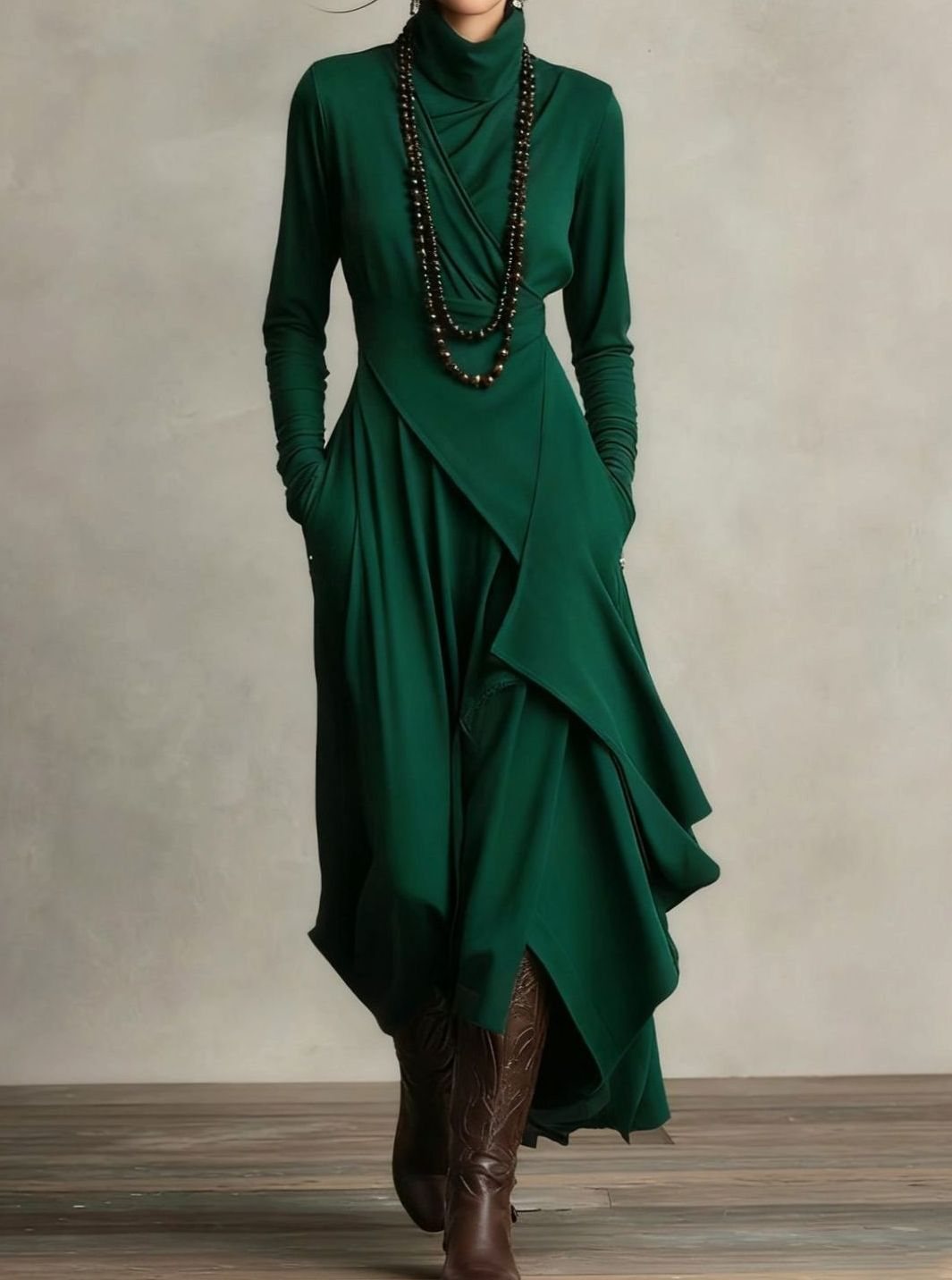 Women's Turtleneck Long Sleeve Asymmetric Layered Maxi Dress - Green