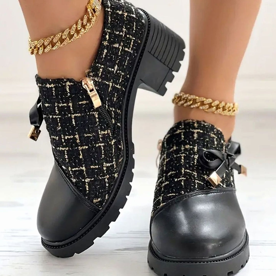 Women's Tweed Block-Heel Bow Detail Ankle Boots