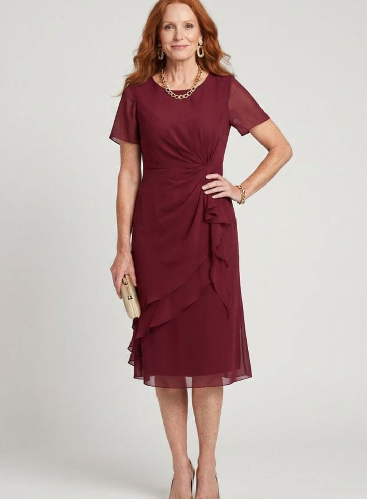 Women's Twist-Waist Layered Chiffon Midi Party Dress, Burgundy