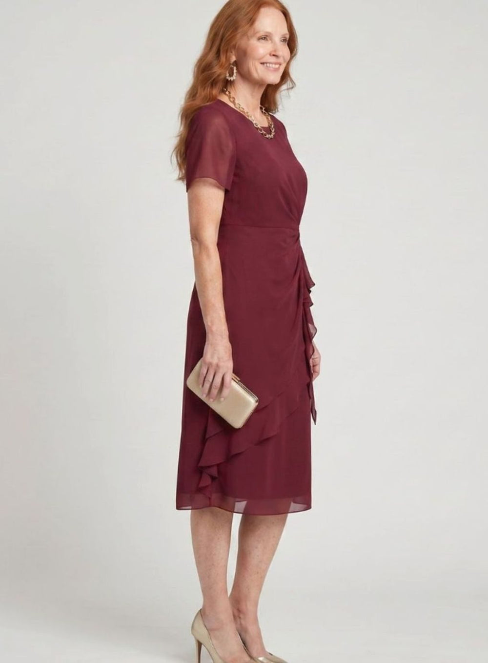 Women's Twist-Waist Layered Chiffon Midi Party Dress, Burgundy