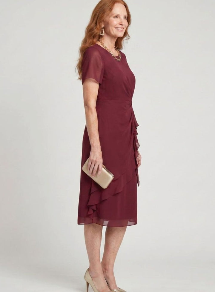 Women's Twist-Waist Layered Chiffon Midi Party Dress, Burgundy