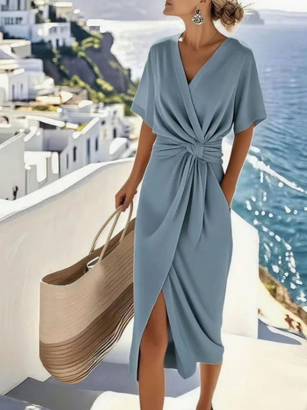 Women's Twisted Knot V-Neck Wrap Midi Dress, Blue