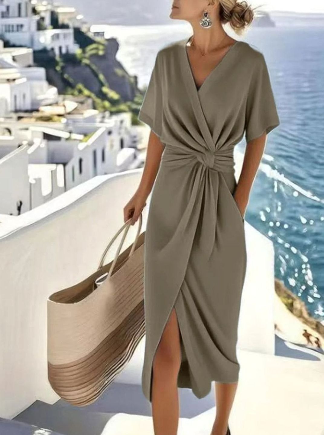 Women's Twisted Knot V-Neck Wrap Midi Dress, Blue