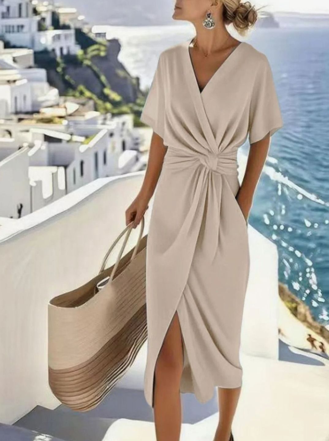 Women's Twisted Knot V-Neck Wrap Midi Dress, Blue