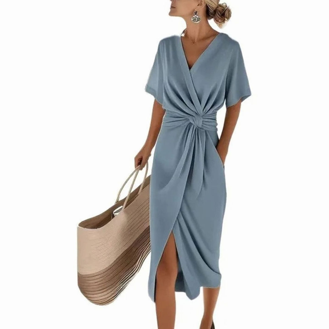 Women's Twisted Knot V-Neck Wrap Midi Dress, Blue