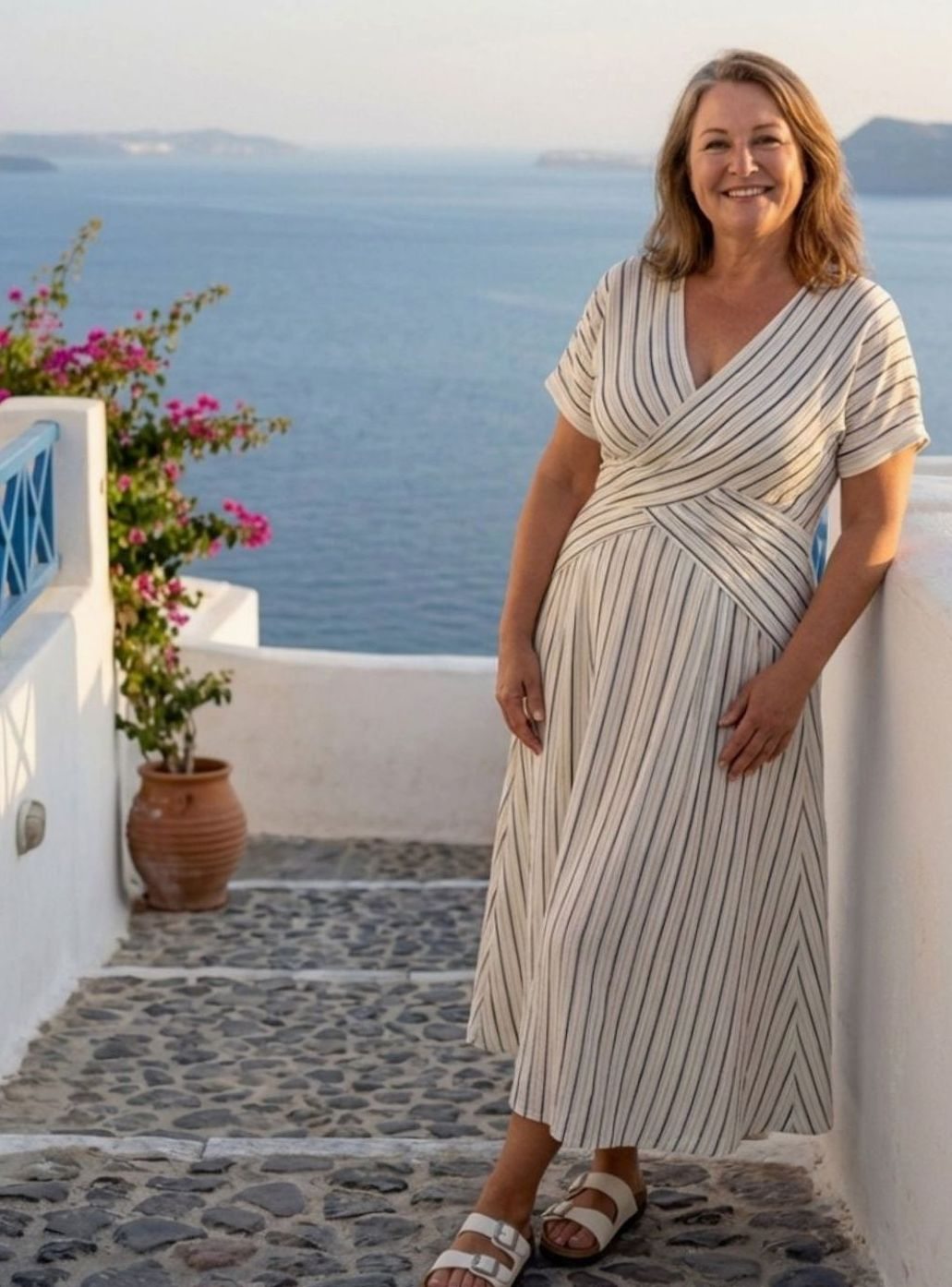 Women's V-Neck Cross-Waist Striped Midi Dress