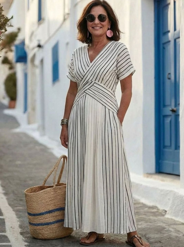 Women's V-Neck Cross-Waist Striped Midi Dress