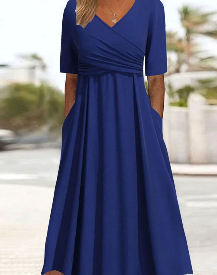 Women's V-Neck Crossover Ruched Waist A-Line Midi Dress Pockets - Blue