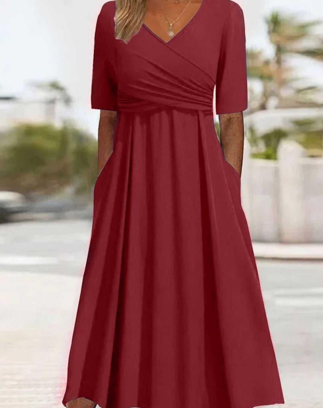 Women's V-Neck Crossover Ruched Waist A-Line Midi Dress Pockets - Red
