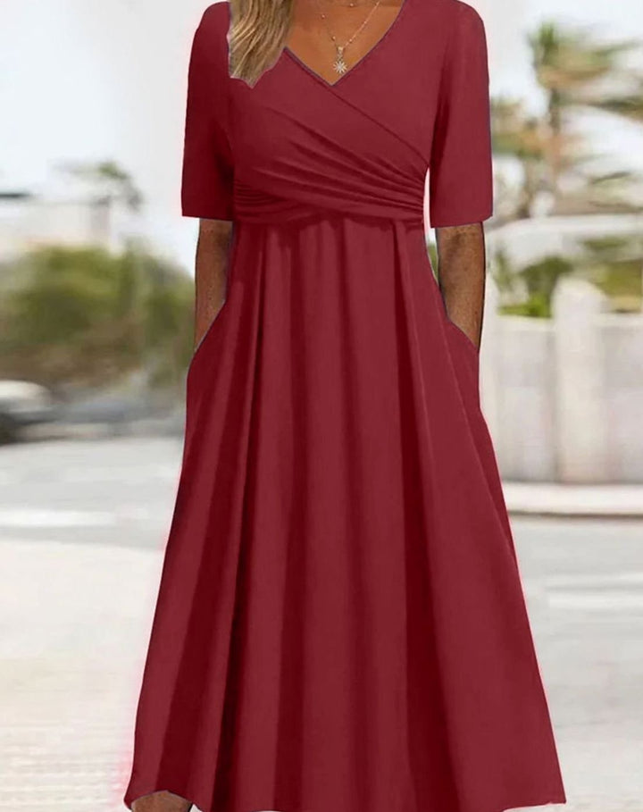 Women's V-Neck Crossover Ruched Waist A-Line Midi Dress Pockets - Red