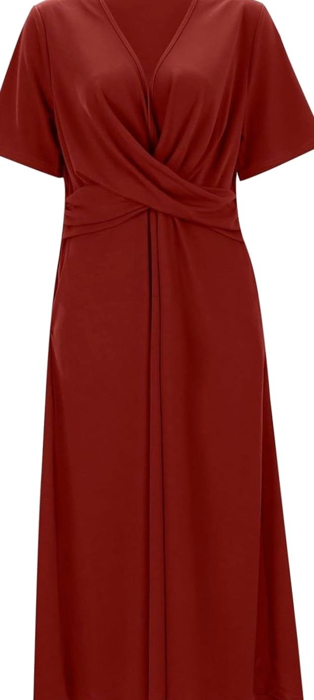 Women's V-Neck Crossover Ruched Waist A-Line Midi Dress Pockets