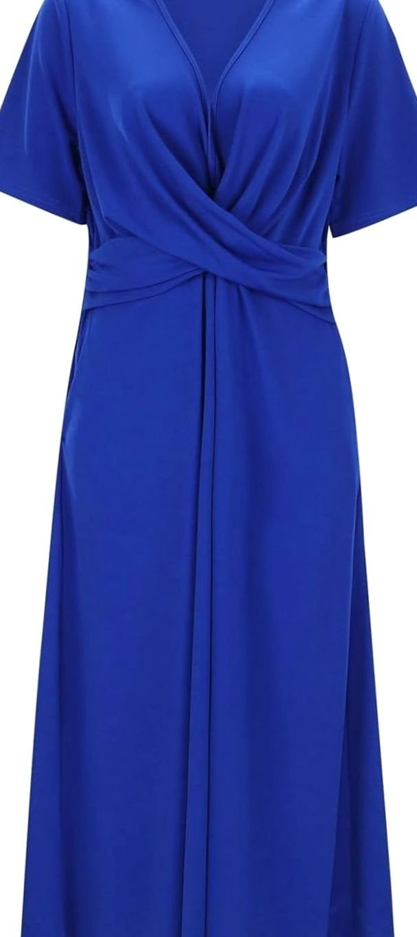 Women's V-Neck Crossover Ruched Waist A-Line Midi Dress Pockets